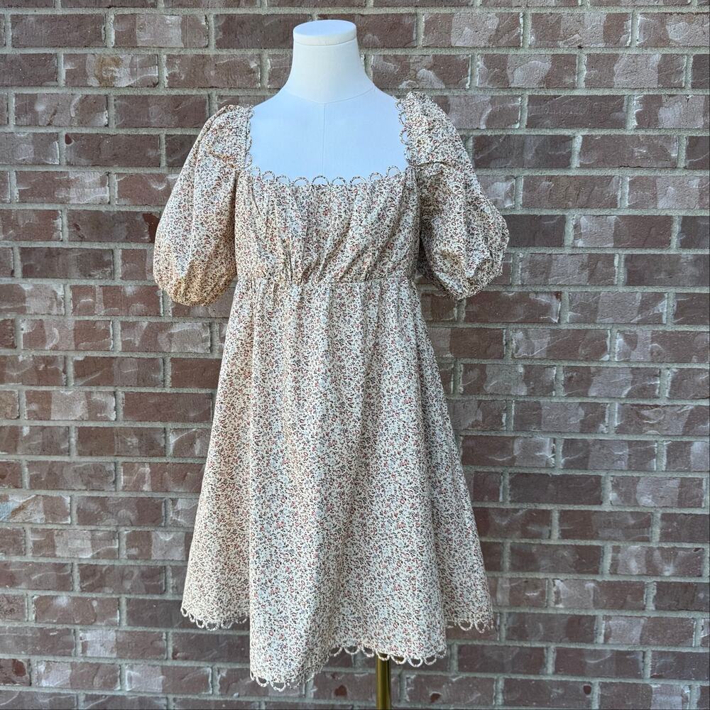 Storia Floral Smocked Puff Sleeve Mini Dress Cottagecore Prairie Boho Women's L